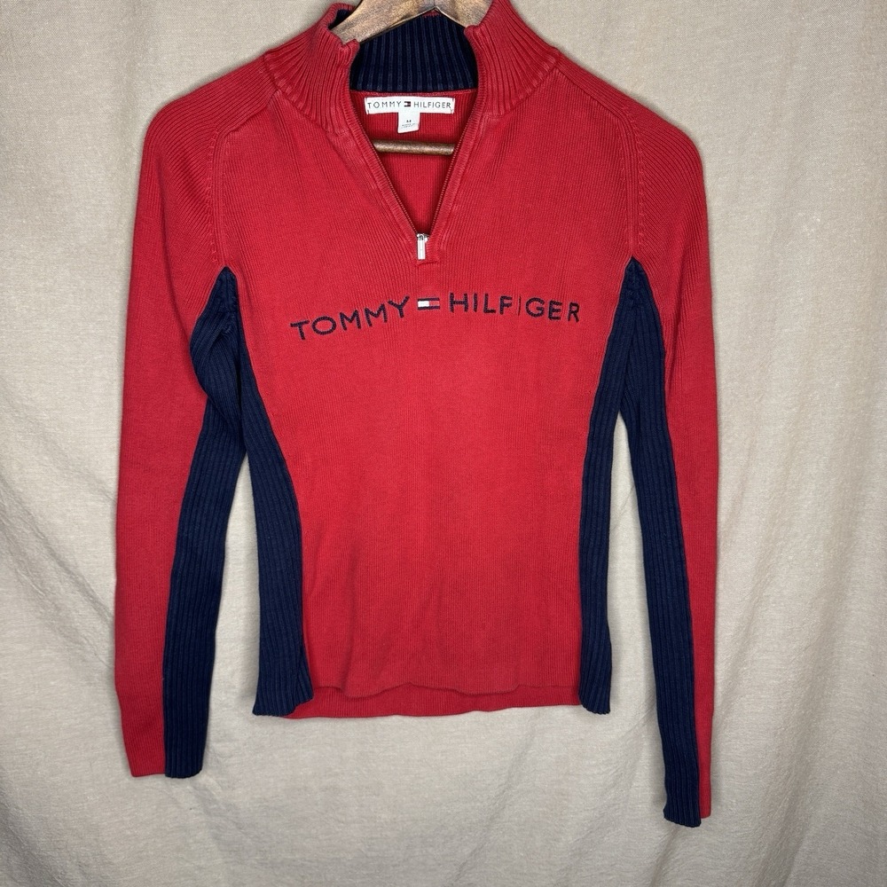 Tommy Hilfiger Women's Red Navy Spellout 1/4 Zip Sweater Size M Vintage